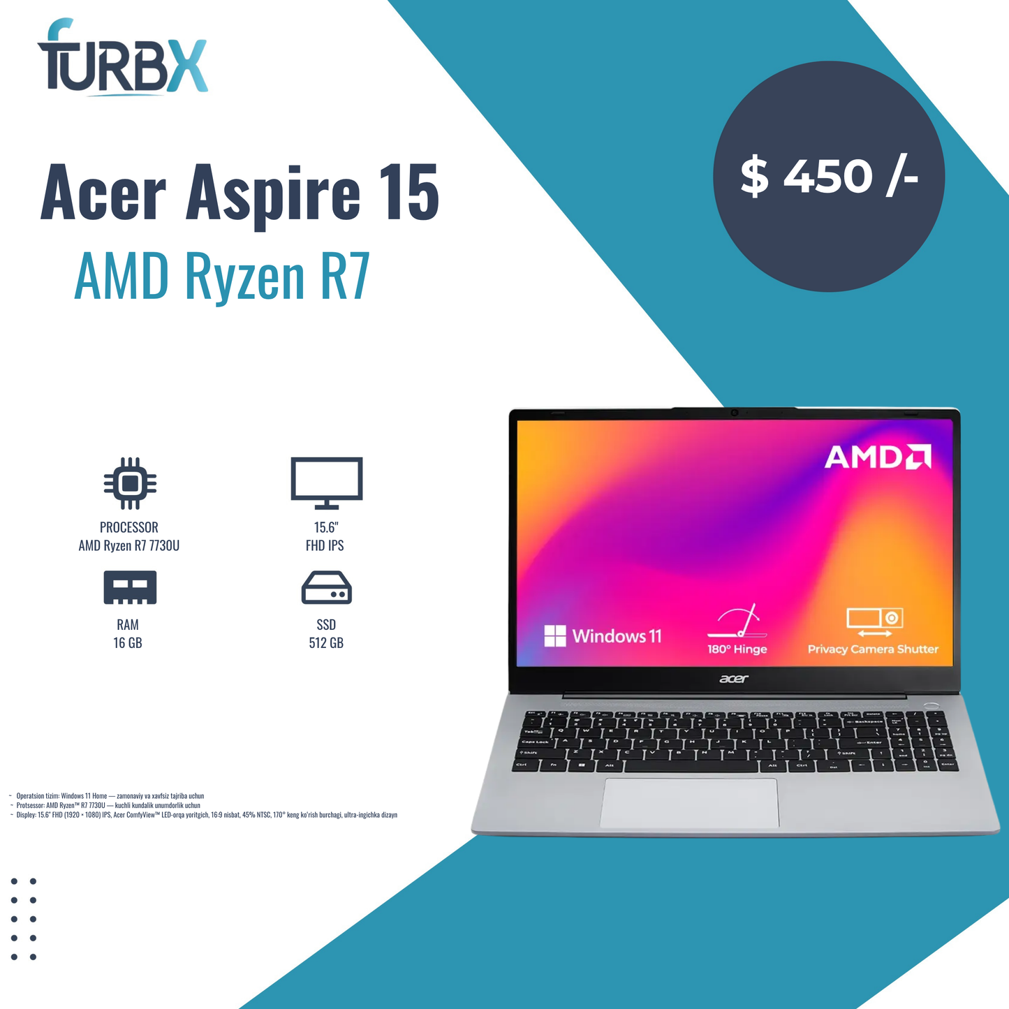 Acer Aspire 15 AMD Ryzen R7 7730U processor 16 GB RAM 512GB SSD
