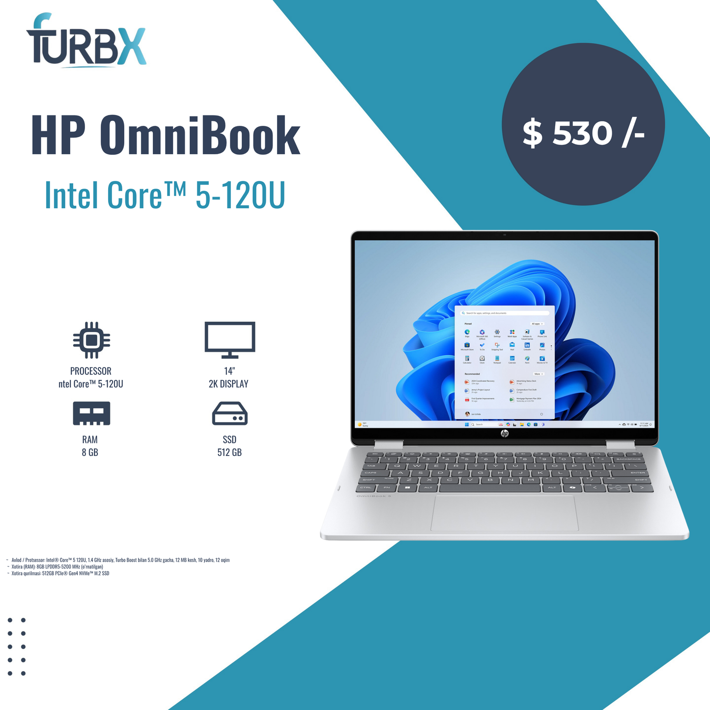 HP OmniBook 5 Flip 14 FP0013 Intel Core 5 120U Processor 8GB 512GB SSD